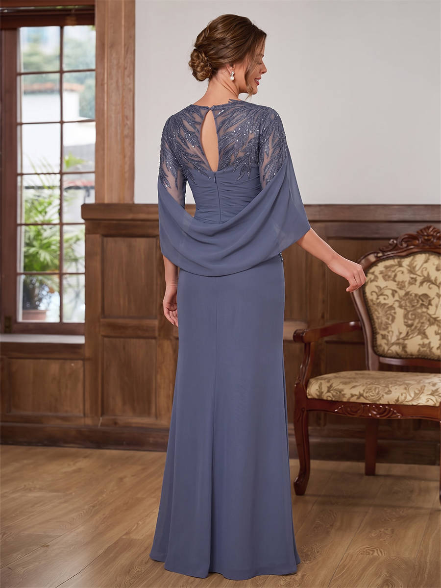 Sheath Scoop 3/4 Sleeves Appliques Lace Floor-Length Chiffon Corset Mother of the Bride Dress