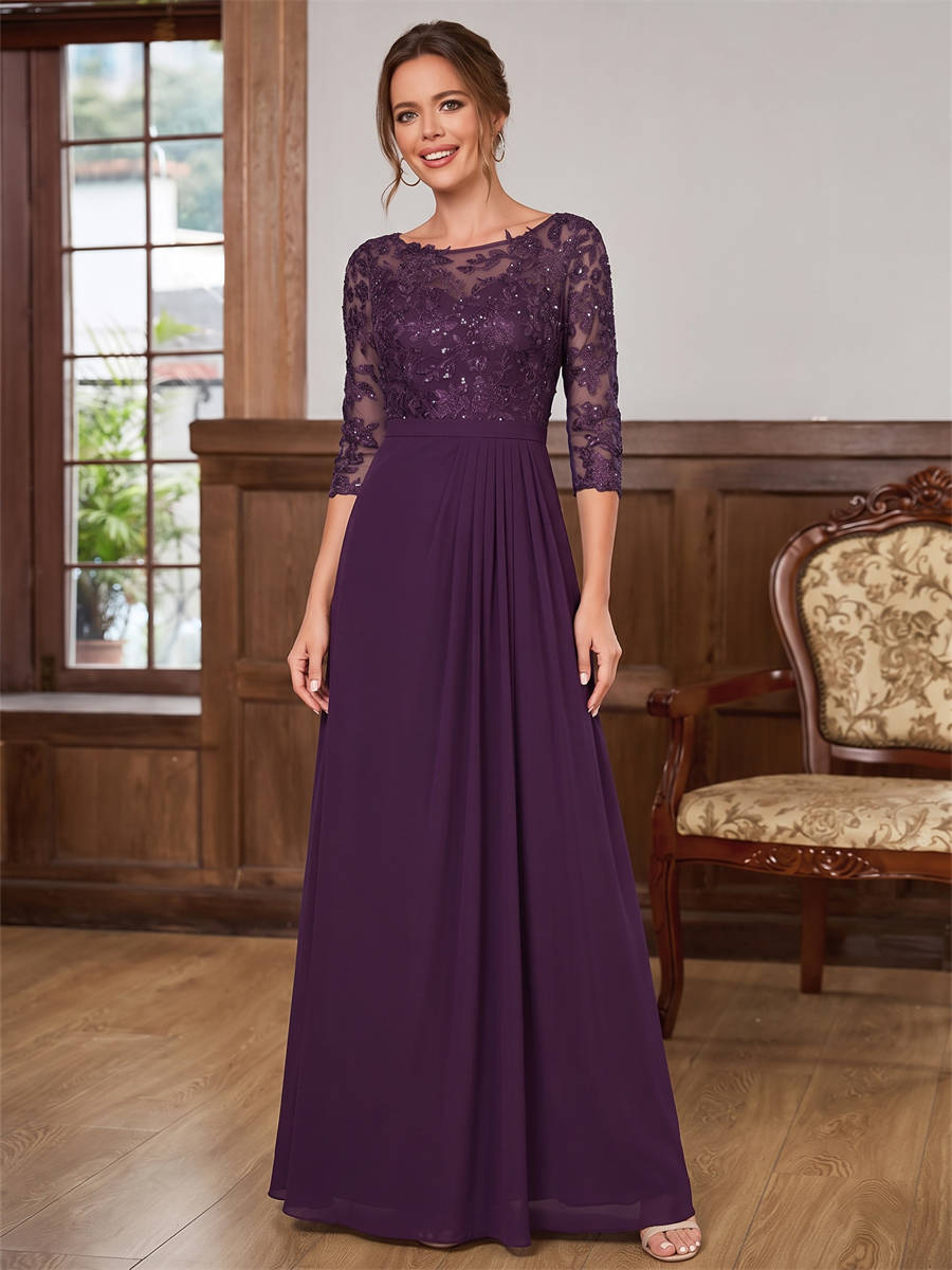 A-line Scoop 3/4 Sleeves Appliques Lace Floor-Length Chiffon Corset Mother of the Bride Dress