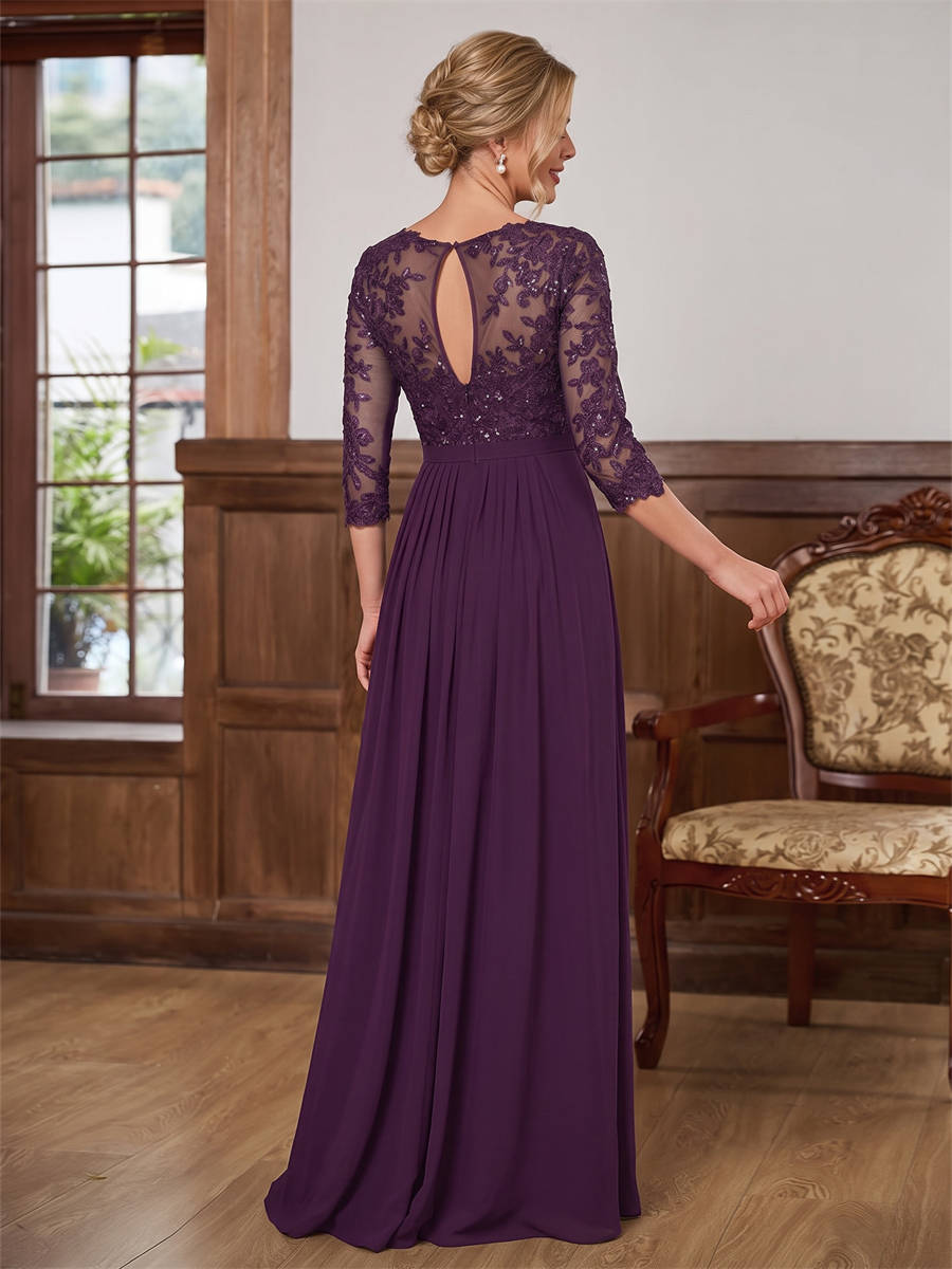 A-line Scoop 3/4 Sleeves Appliques Lace Floor-Length Chiffon Corset Mother of the Bride Dress