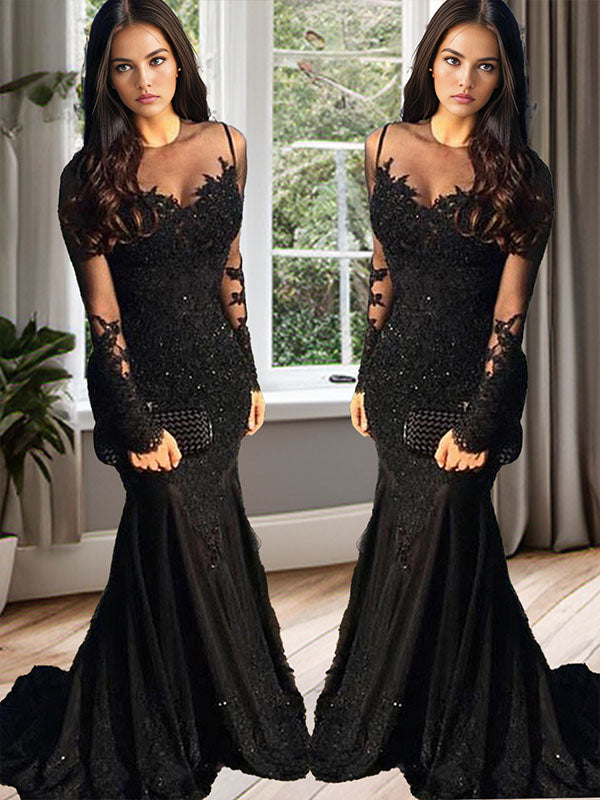 Mermaid Illusion Long Sleeves Appliques Lace Sweep Train Tulle Dress