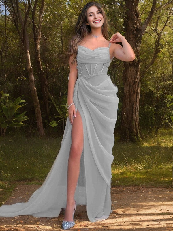 Sheath Spaghetti Straps Ruffles Sweep Train Organza Dress