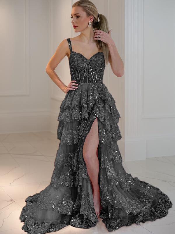 A-line Spaghetti Straps Appliques Lace Court Train Tulle Dress