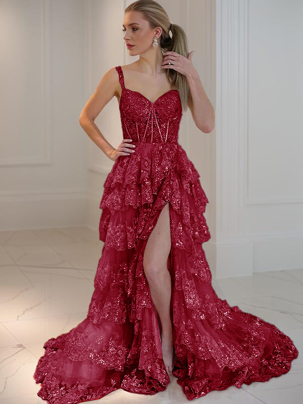 A-line Spaghetti Straps Appliques Lace Court Train Tulle Dress