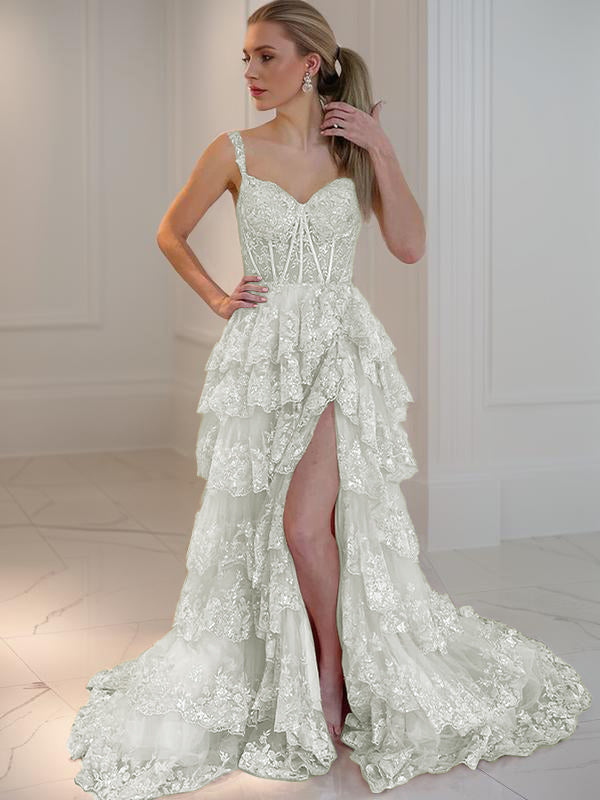 A-line Spaghetti Straps Appliques Lace Court Train Tulle Dress