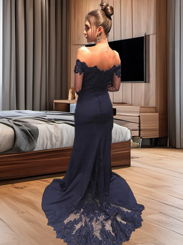 Mermaid Off-the-Shoulder Long Sleeves Appliques Lace Sweep Train Stretch Crepe Dress