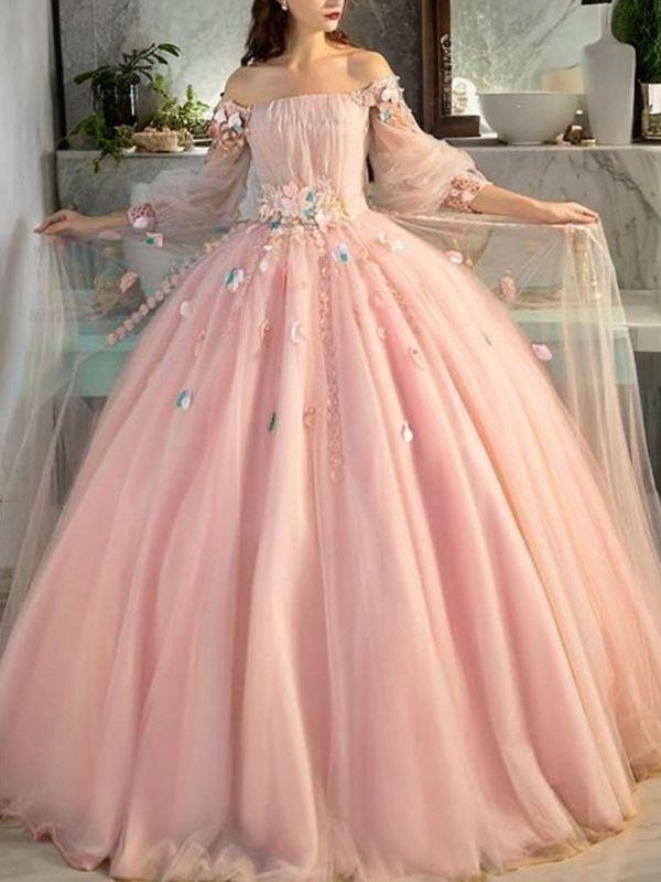 Ball-Gown Off-the-Shoulder Long Sleeves Flower Floor-Length Tulle Dress