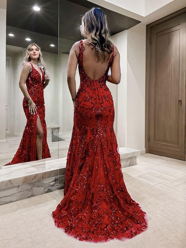 Sheath V-neck Ruffles Sweep Train Dress