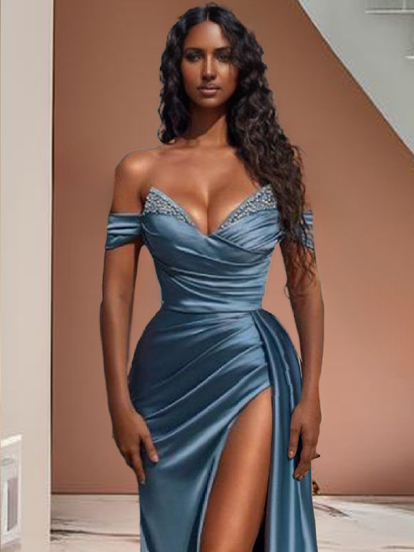 Sheath Off-the-Shoulder Ruffles Sweep Train Silk like Satin Dress