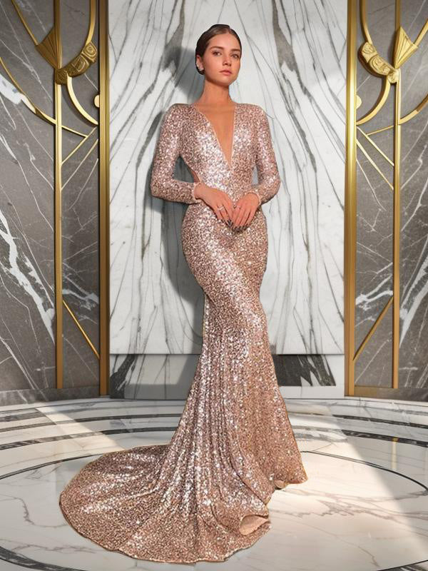 Mermaid V-neck Long Sleeves Sequin Sweep Train Sequins Dress