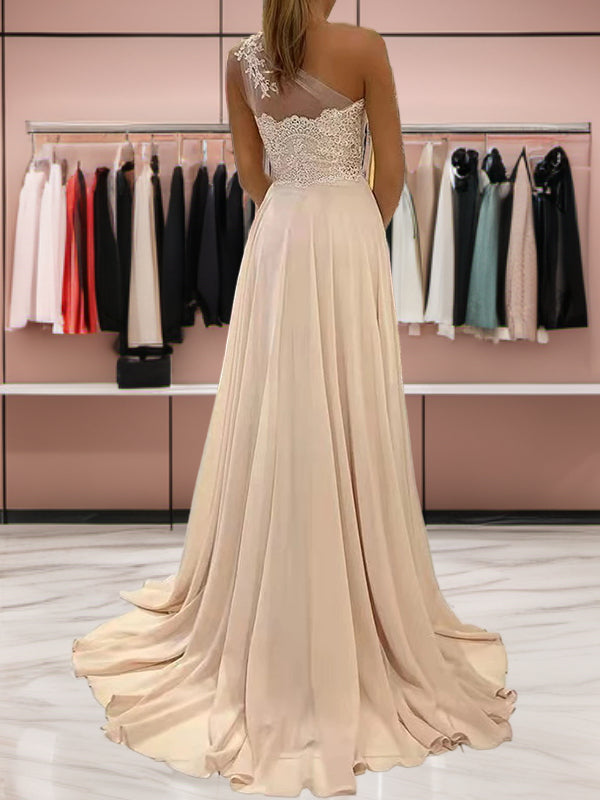A-line One-Shoulder Appliques Lace Sweep Train Chiffon Dress