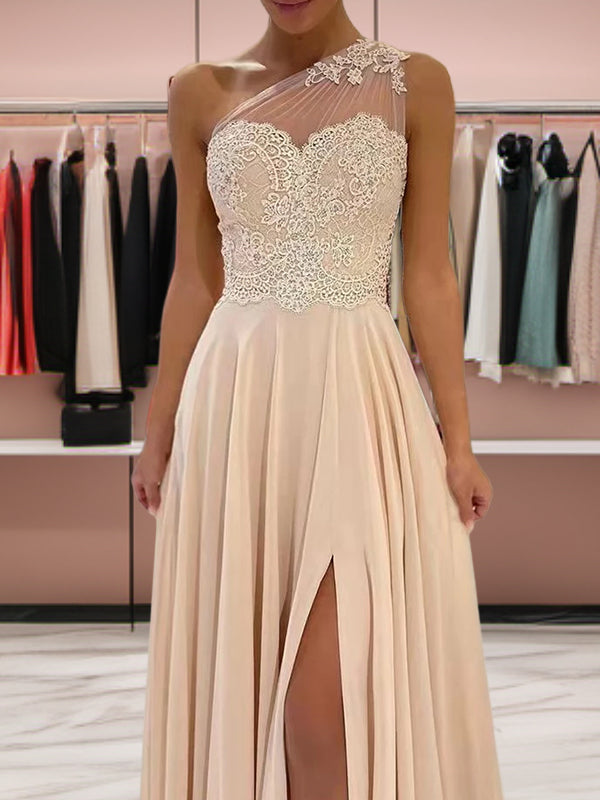 A-line One-Shoulder Appliques Lace Sweep Train Chiffon Dress