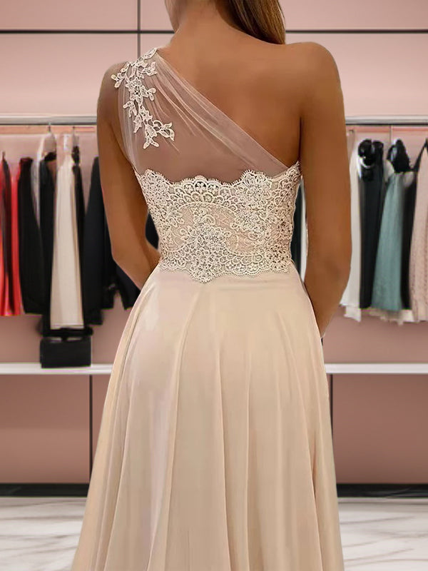 A-line One-Shoulder Appliques Lace Sweep Train Chiffon Dress