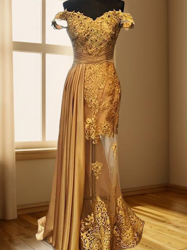 Sheath Off-the-Shoulder Ruffles Sweep Train Silk like Satin Dress