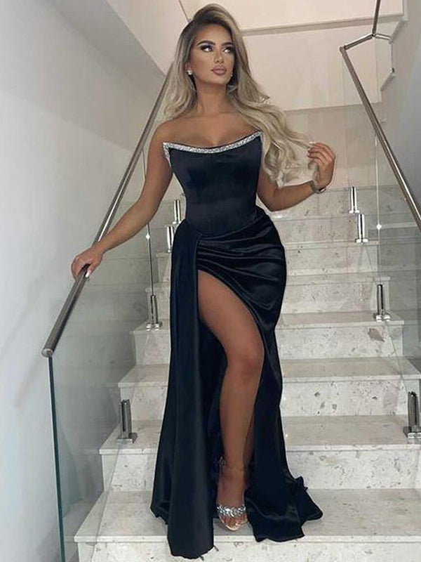 Sheath Cold Shoulder Ruffles Sweep Train Satin Dress