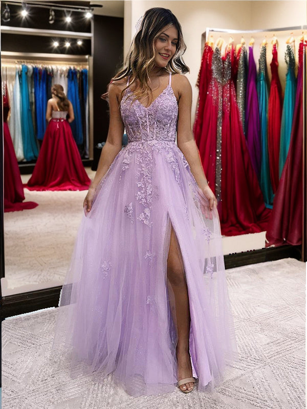 A-line V-neck Appliques Lace Floor-Length Tulle Dress