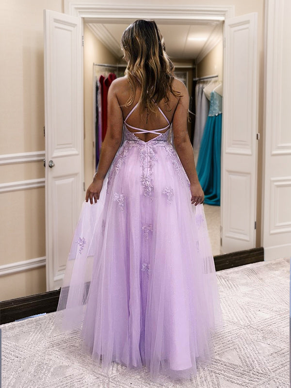 A-line V-neck Appliques Lace Floor-Length Tulle Dress