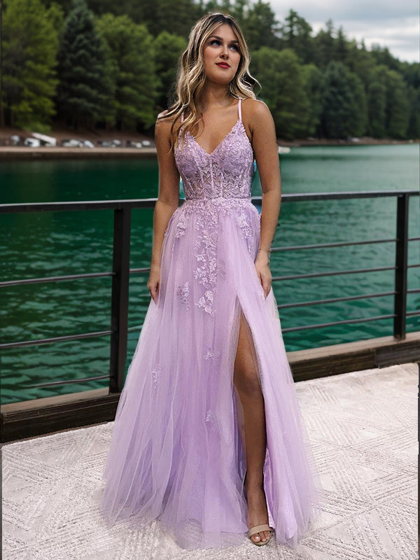 A-line V-neck Appliques Lace Floor-Length Tulle Dress