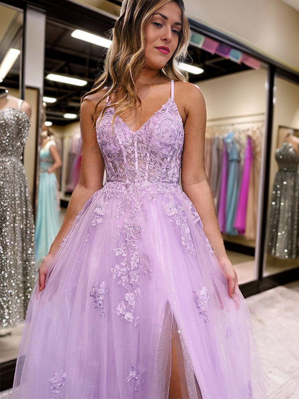 A-line V-neck Appliques Lace Floor-Length Tulle Dress
