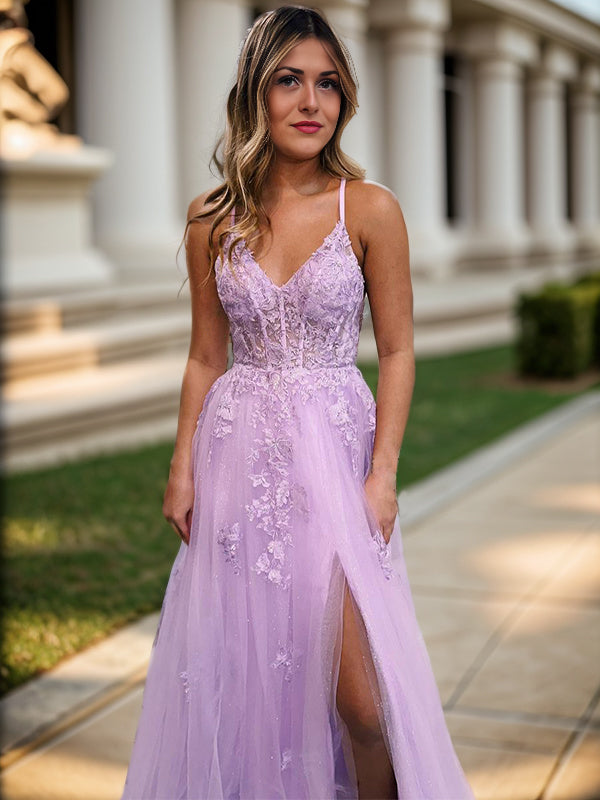 A-line V-neck Appliques Lace Floor-Length Tulle Dress