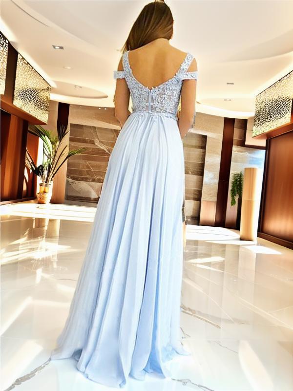 A-line Off-the-Shoulder Appliques Lace Floor-Length Chiffon Dress