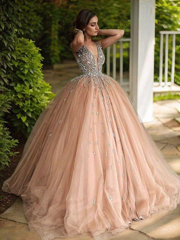 Ball-Gown V-neck Beading Floor-Length Tulle Dress