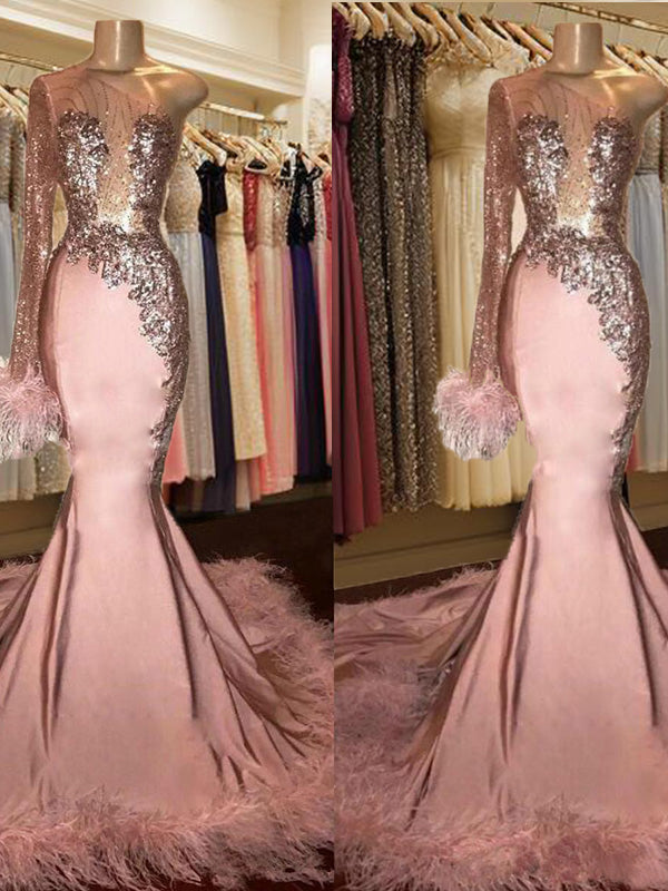 Mermaid One-Shoulder Long Sleeves Feather Chapel Train Silk like Satin Dress