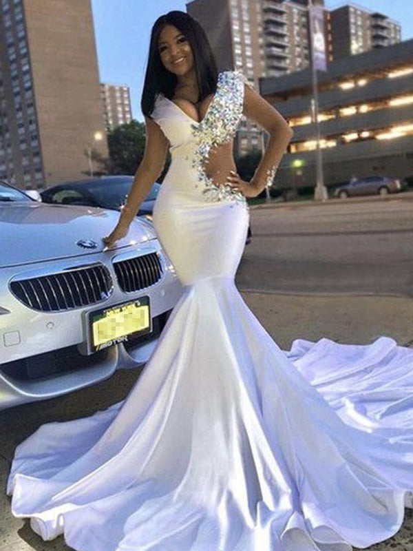Mermaid V-neck Long Sleeves Beading Chapel Train Silk like Satin Dress