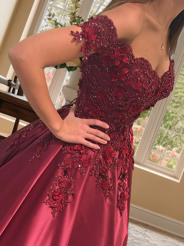 Ball-Gown Off-the-Shoulder Appliques Lace Floor-Length Satin Dress