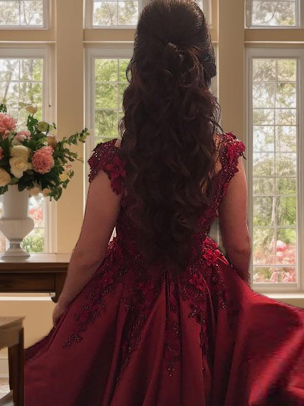 Ball-Gown Off-the-Shoulder Appliques Lace Floor-Length Satin Dress