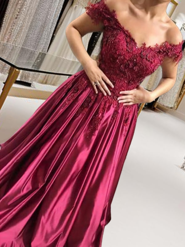 Ball-Gown Off-the-Shoulder Appliques Lace Floor-Length Satin Dress