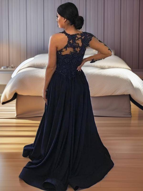 A-line Scoop Long Sleeves Appliques Lace Sweep Train Stretch Crepe Dress