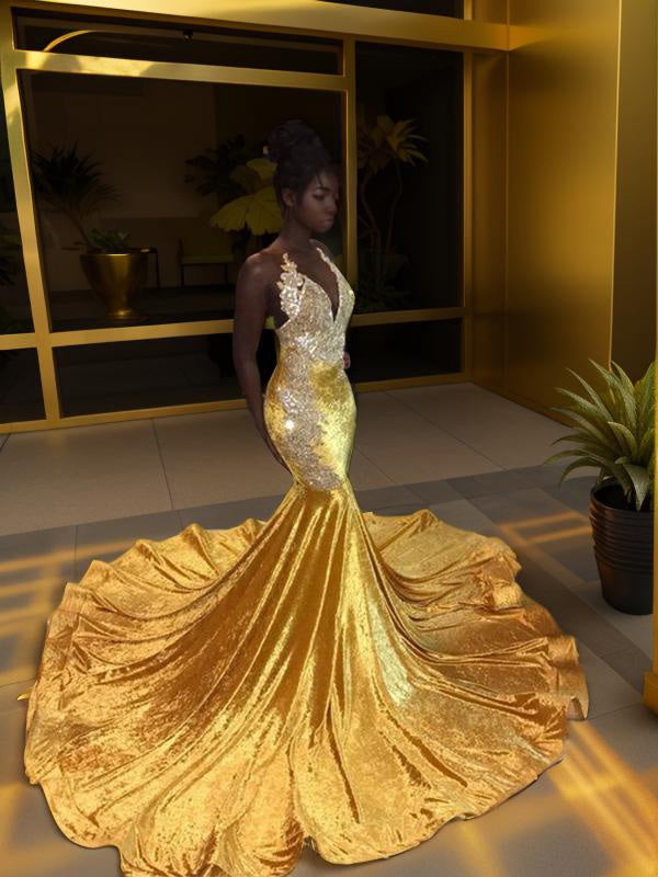 Mermaid V-neck Sweep Train Velvet Dress