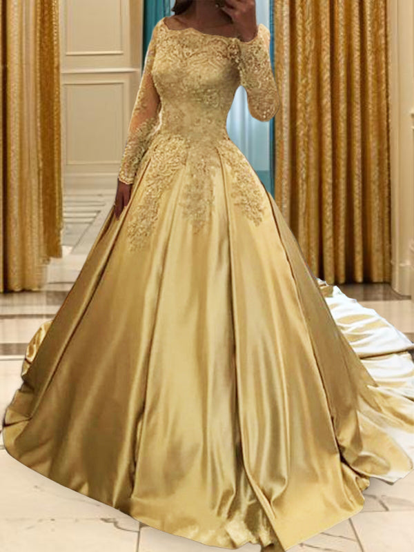 Ball-Gown Off-the-Shoulder Long Sleeves Appliques Lace Chapel Train Satin Dress