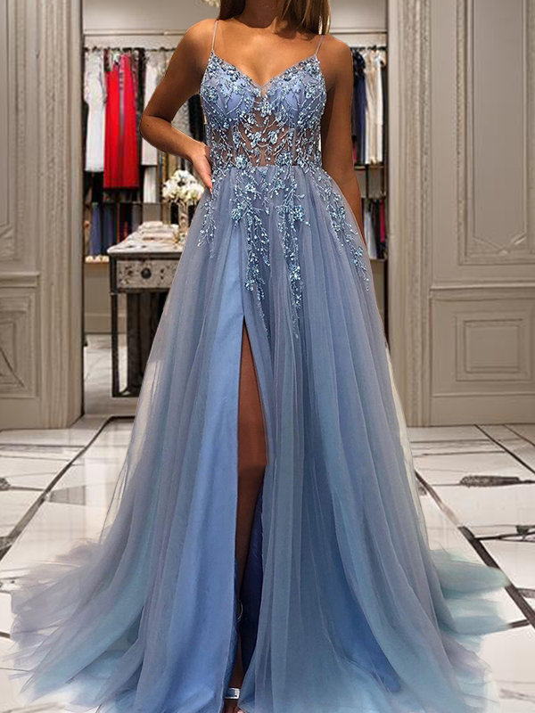 A-line V-neck Appliques Lace Sweep Train Tulle Dress