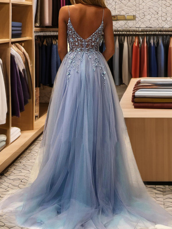 A-line V-neck Appliques Lace Sweep Train Tulle Dress