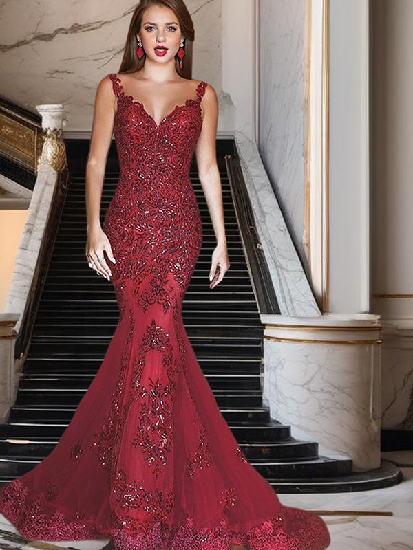 Mermaid V-neck Appliques Lace Sweep Train Tulle Dress