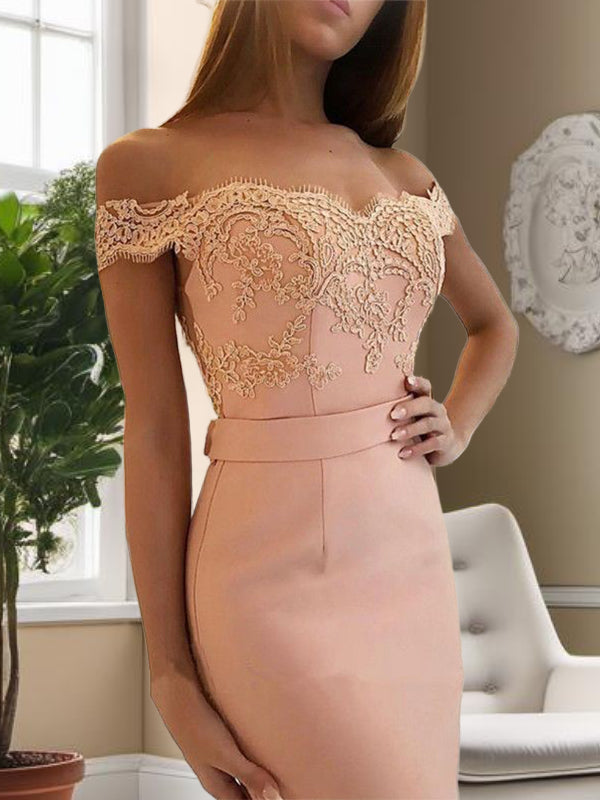 Sheath Off-the-Shoulder Appliques Lace Sweep Train Stretch Crepe Dress
