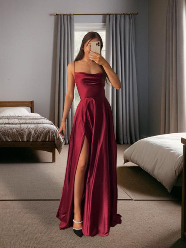 A-line Spaghetti Straps Floor-Length Silk Like Satin Dress