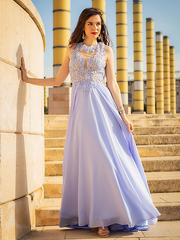 A-line Scoop Appliques Lace Sweep Train Chiffon Dress