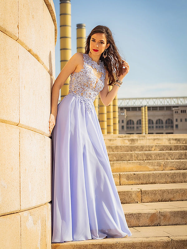 A-line Scoop Appliques Lace Sweep Train Chiffon Dress