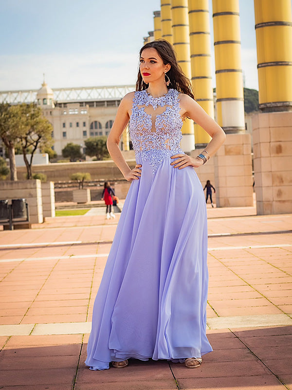 A-line Scoop Appliques Lace Sweep Train Chiffon Dress