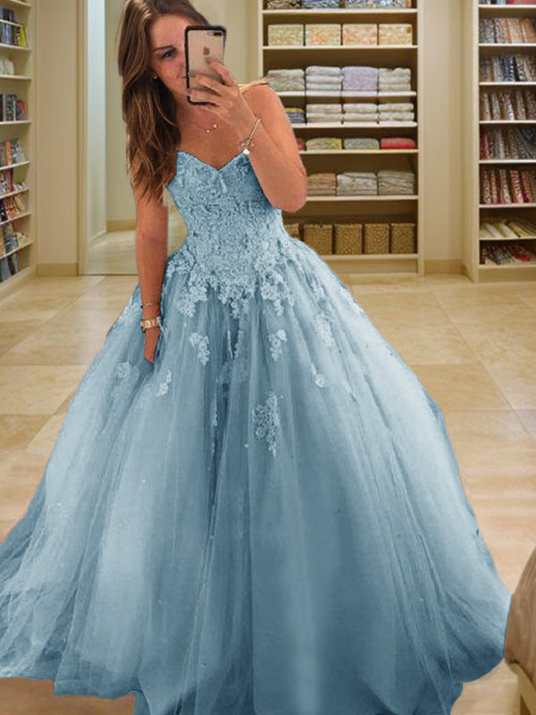 Ball-Gown Bateau Long Sleeves Appliques Lace Floor-Length Tulle Dress