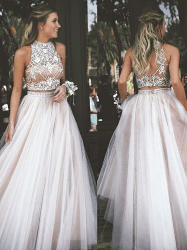 A-line Bateau Long Sleeves Appliques Lace Floor-Length Tulle Dress