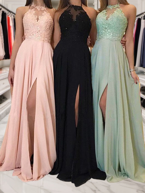 A-line Halter Appliques Lace Sweep Train Chiffon Dress