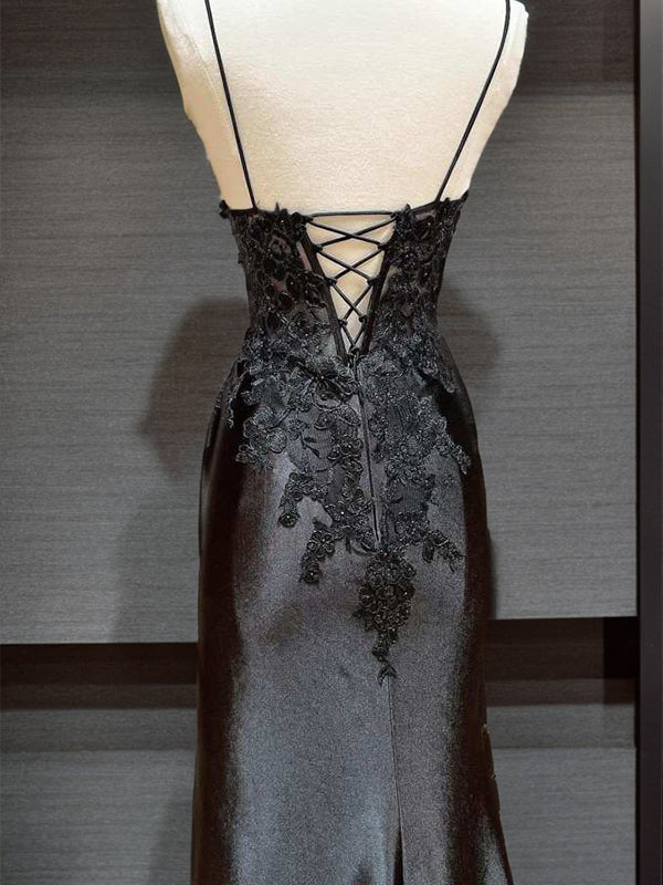 Sheath V-neck Appliques Lace Sweep Train Silk like Satin Dress