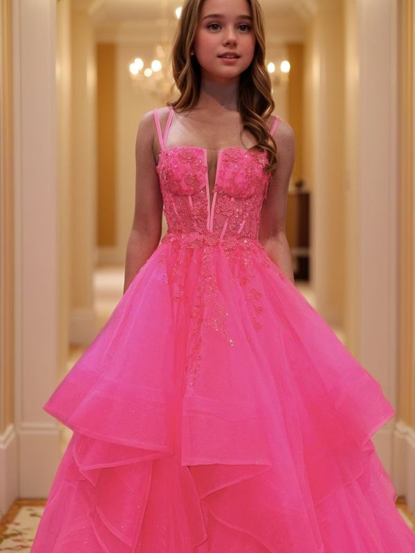 A-line Straps Appliques Lace Floor-Length Corset Dress