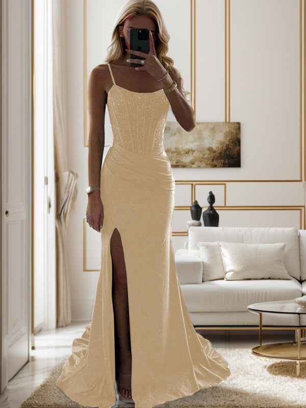 Sheath Spaghetti Straps Pleated Sweep Train Silk Like Satin Corset Dress