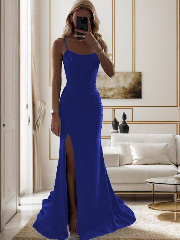 Sheath Spaghetti Straps Pleated Sweep Train Silk Like Satin Corset Dress