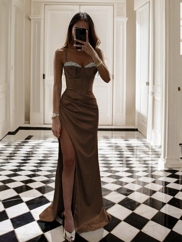 Sheath Spaghetti Straps Pleated Sweep Train Silk Like Satin Corset Dress