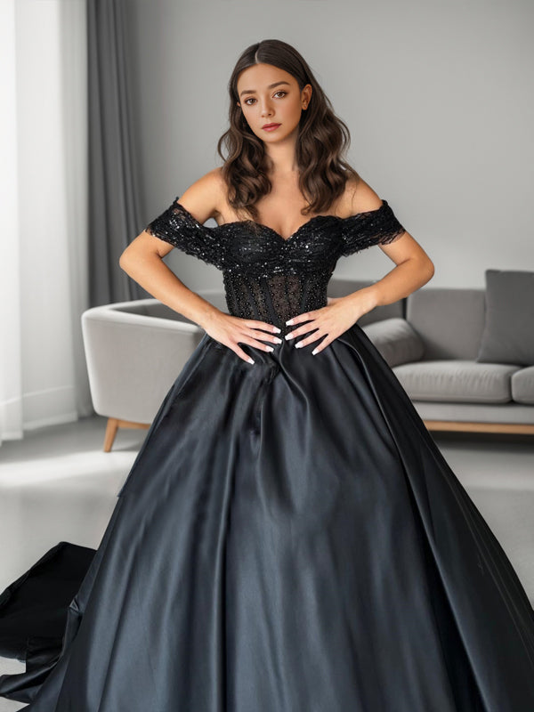 Ball-Gown Off-the-Shoulder Beading Chapel Train Satin Corset Dress